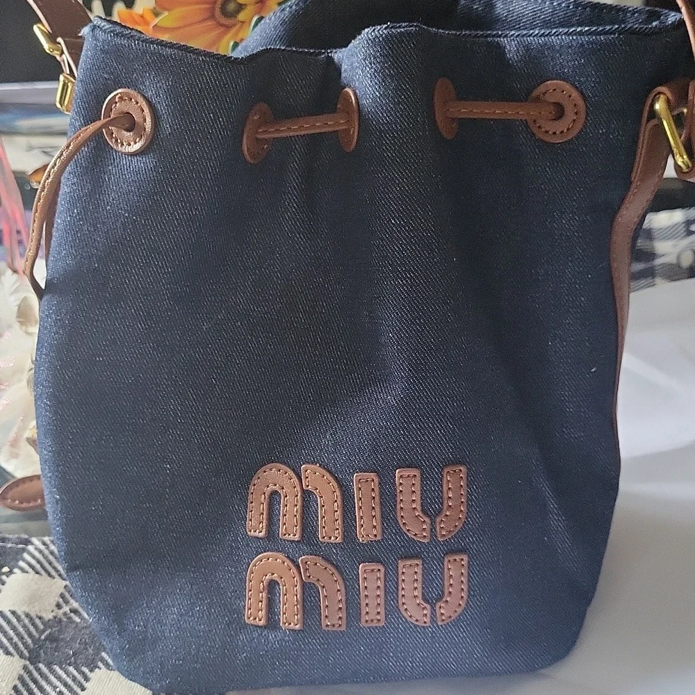Designer  Same  Denim Bucket Bag with Brown Strap Dust Cover Unbraided